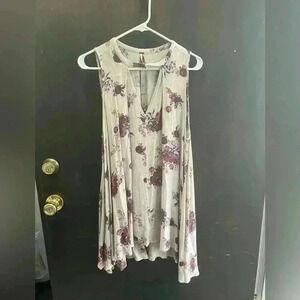 Free People Blouse Women Tan Burgundy Floral Sleeveless Swing Tunic Top Size XS